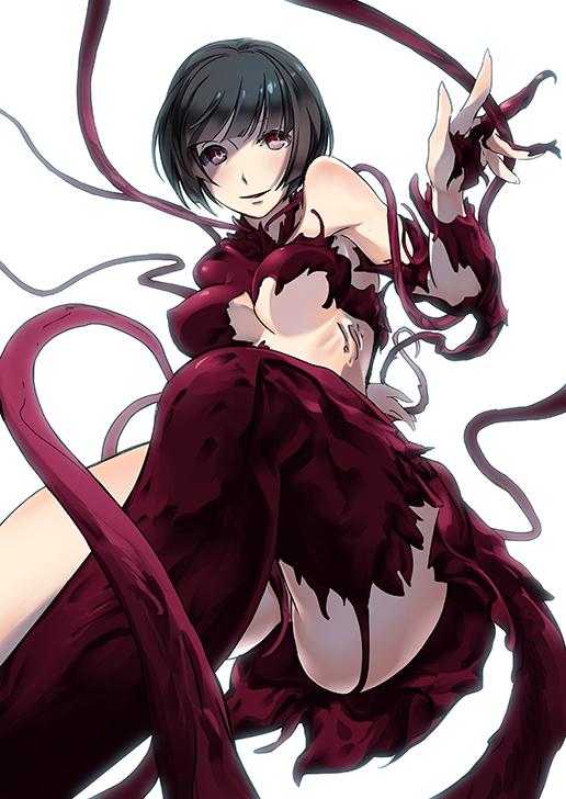 1girl black_hair breasts female_focus gauna gauna_491 large_breasts looking_at_viewer monster_girl moriyama_yuuki pink_eyes sidonia_no_kishi simple_background solo tentacles white_background