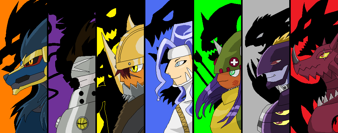 apollomon apollomon_whispered big_death-stars corruption death_generals digimon digimon_(creature) dorbickmon dragon gravimon horns long_hair mask neovamdemon olegmon smile splashmon yellow_eyes zamielmon