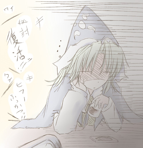 1girl alcohol capelet head_rest cup female_focus green_hair hat mima_(touhou) romi shaded_face solo touhou touhou_(pc-98) translation_request