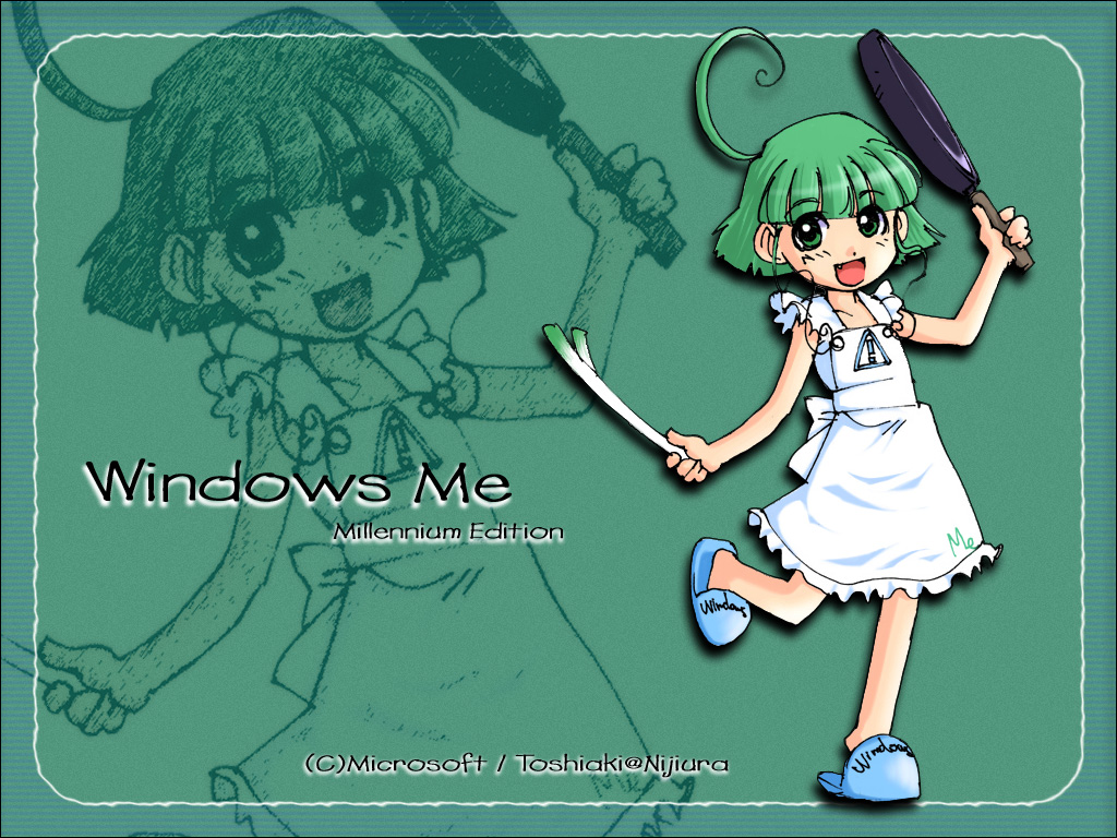 1girl ahoge alternate_hairstyle apron artist_name artist_request bare_legs blue_slippers blunt_bangs child eyes_visible_through_hair facing_viewer fang female_focus frying_pan full_body green_eyes green_hair happy looking_at_viewer me-tan microsoft microsoft_windows os-tan short_hair short_hair_with_long_locks sign slippers smile solo spring_onion standing standing_on_one_leg warning_sign white_apron windows_classic windows_me zoom_layer