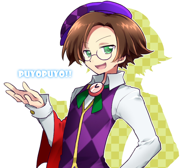 1boy brown_hair collared_shirt drop_shadow fukumitsu_(kirarirorustar) green_eyes green_ribbon hat klug_(puyopuyo) long_sleeves looking_at_viewer male_focus open_mouth purple_hat purple_vest puyopuyo puyopuyo_quest ribbon shirt short_hair solo vest white_background white_shirt