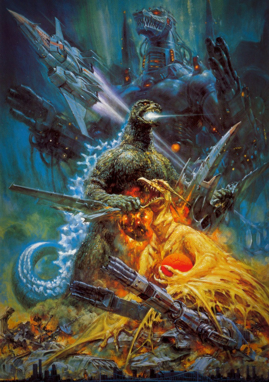 aircraft anniversary arm_cannon beak bridge building cannon city destruction dinosaur directed-energy_weapon egg energy_cannon energy_weapon exhaust explosion fire fire_rodan g-force garuda_(godzilla) glowing glowing_egg glowing_eyes glowing_mouth glowing_spikes godzilla godzilla_(series) godzilla_vs._mechagodzilla_ii gundalva highres holding holding_egg horns injury japan_self-defense_force kaiju mecha mechagodzilla military military_vehicle motor_vehicle movie_poster naga_(godzilla) no_humans official_art ohrai_noriyoshi open_mouth pteranodon pterosaur red_eyes roaring robot rodan sharp_teeth skyscraper spikes super_mechagodzilla tail tank teeth textless_version toho tongue torn_wings weapon wings wreckage