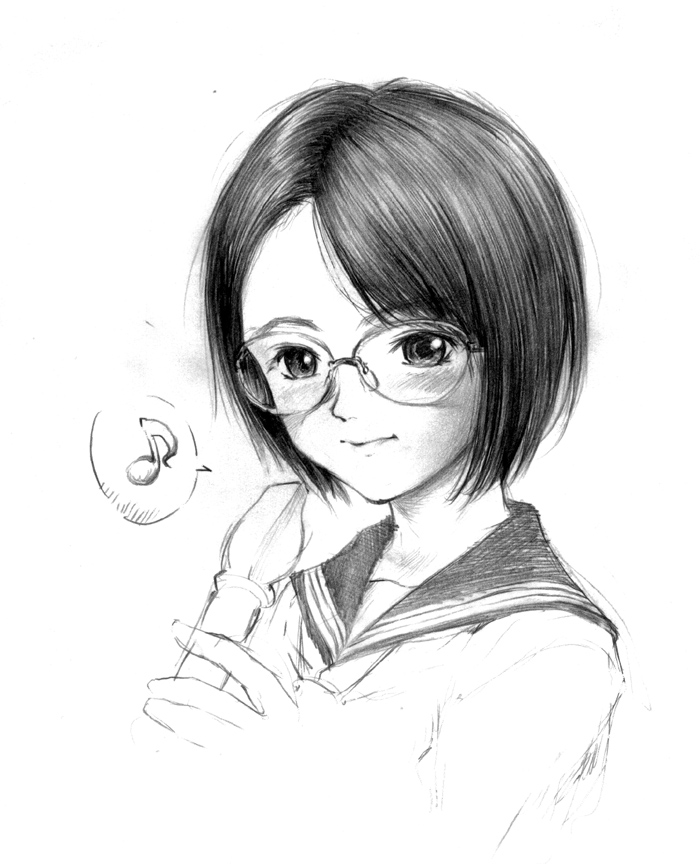 1girl blush charcoal_(medium) female_focus flute glasses greyscale holding holding_flute holding_instrument instrument looking_at_viewer monochrome musical_note original pizza_man recorder school_uniform serafuku short_hair simple_background solo spoken_musical_note white_background