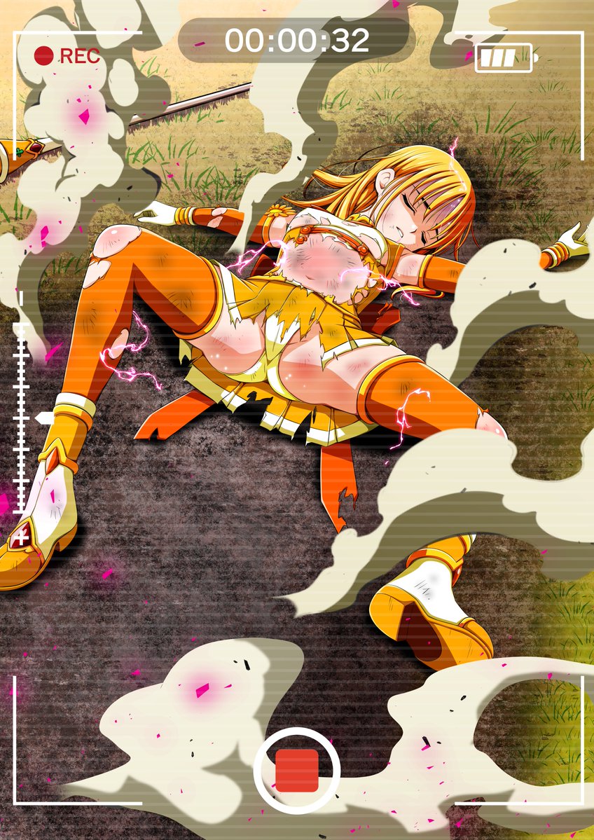 1girl ankle_boots back_bow bad_end battery_indicator battle_damage beaten blonde_hair boots bow breasts brooch bruise bruise_on_face cellphone closed_eyes clover_mari defeat detached_sleeves dress electricity energy field gloves grass hair_down injury jewelry knee_up koeda0111 large_bow lying magical_girl medium_breasts miniskirt multicolored_boots multicolored_dress multicolored_skirt navel on_back on_grass on_ground orange_bow orange_dress orange_skirt outdoors outstretched_arms pain panties pantyshot parted_lips phone recording ryona scratches shaded_face short_dress skirt small_breasts smartphone smoke solo spread_arms spread_legs staff tendou_erika thighhighs torn_clothes torn_dress torn_skirt torn_sleeves torn_thighhighs underwear viewfinder violence yotsuba_no_senki_clover_rose zettai_ryouiki