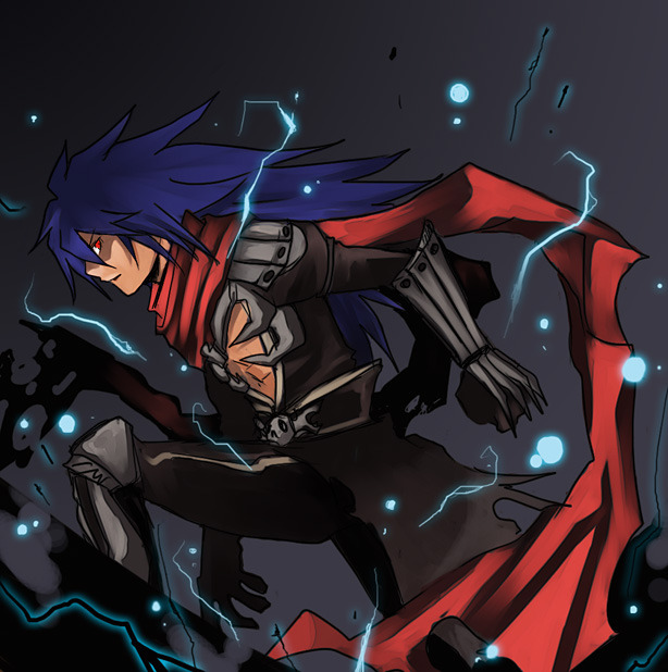 1boy armor armored_boots assassin_cross_(ragnarok_online) black_cape black_pants black_shirt blue_hair boots cape closed_mouth emon-yu eremes_guile feet_out_of_frame long_hair looking_at_viewer looking_to_the_side male_focus pants pauldrons ragnarok_online red_eyes red_scarf scarf shirt shoulder_armor solo third-party_source torn_cape torn_clothes v-shaped_eyebrows vambraces waist_cape
