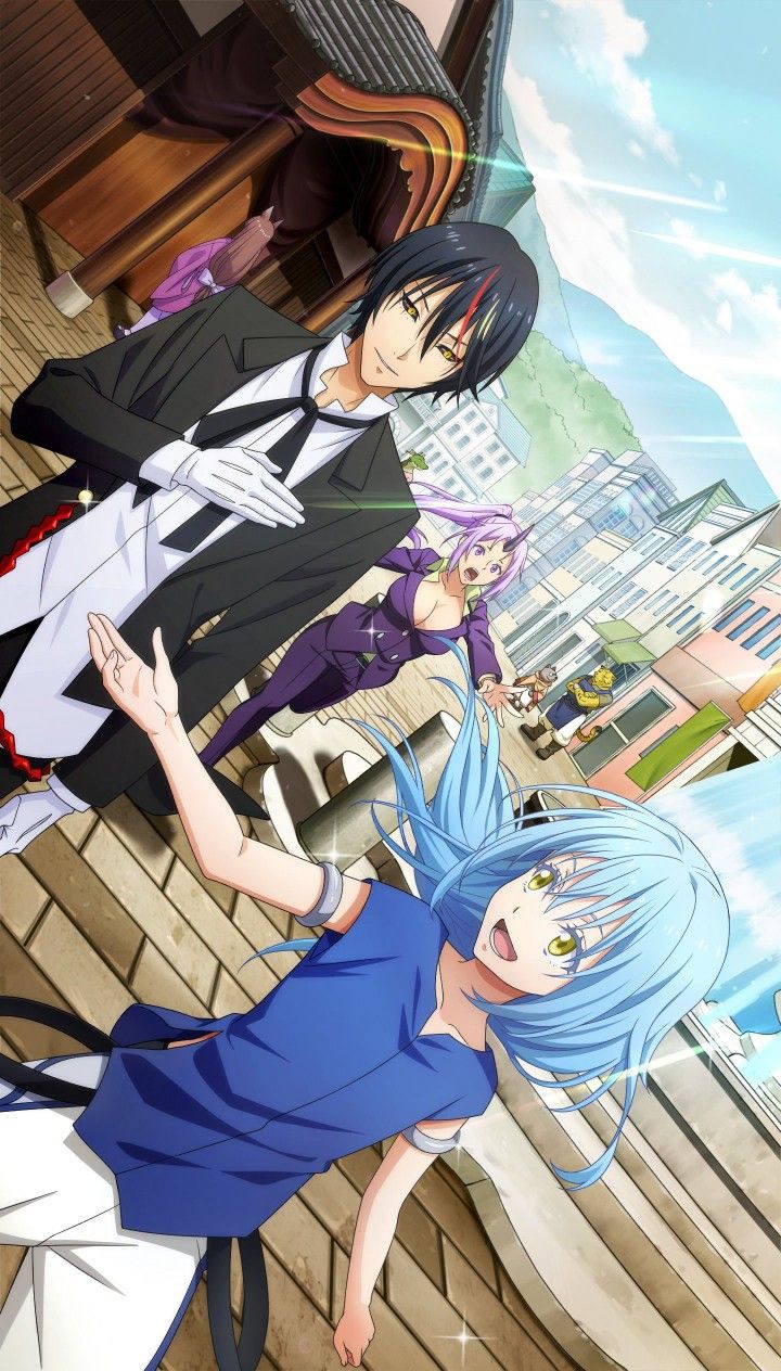 1boy 1other androgynous black_background black_coat black_hair black_jacket black_sclera blue_eyes blue_hair closed_mouth coat colored_sclera diablo_(tensura) frown gloves hair_between_eyes head_rest highres jacket long_hair long_hair long_sleeves purple_hair purple_skirt rimuru_tempest rxdry shion_(tensura) short_hair skirt smile straight_hair tensei_shitara_slime_datta_ken v-shaped_eyebrows white_gloves yellow_eyes