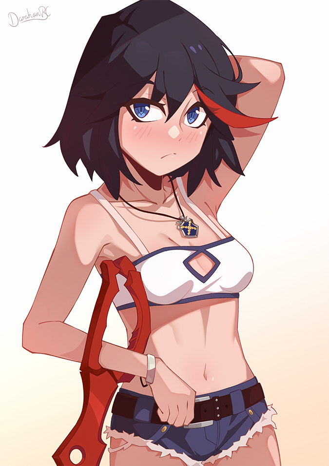 1girl :&lt; arm_behind_head arm_up bandeau belt black_hair blue_eyes blue_shorts blush bracelet breasts collarbone commentary cosplay cutoffs darahan english_commentary fate/apocrypha fate/grand_order fate_(series) jewelry kill_la_kill matoi_ryuuko micro_shorts midriff mordred_(fate) mordred_(fate)_(cosplay) mordred_(fate/apocrypha) mordred_(memories_at_trifas)_(fate) multicolored_hair navel necklace pendant planted red_hair scissor_blade_(kill_la_kill) shorts signature small_breasts solo spaghetti_strap streaked_hair symbol-shaped_pupils weapon white_background