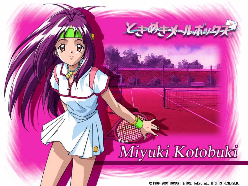 1999 1girl 2001 brown_eyes character_name closed_mouth dated day feet_out_of_frame female_focus kotobuki_miyuki legs long_hair looking_at_viewer official_art outdoors purple_hair racket shirt short_sleeves skirt smile solo sportswear standing sweatband tennis_court tennis_racket tennis_uniform tokimeki_memorial tokimeki_memorial_2 white_shirt