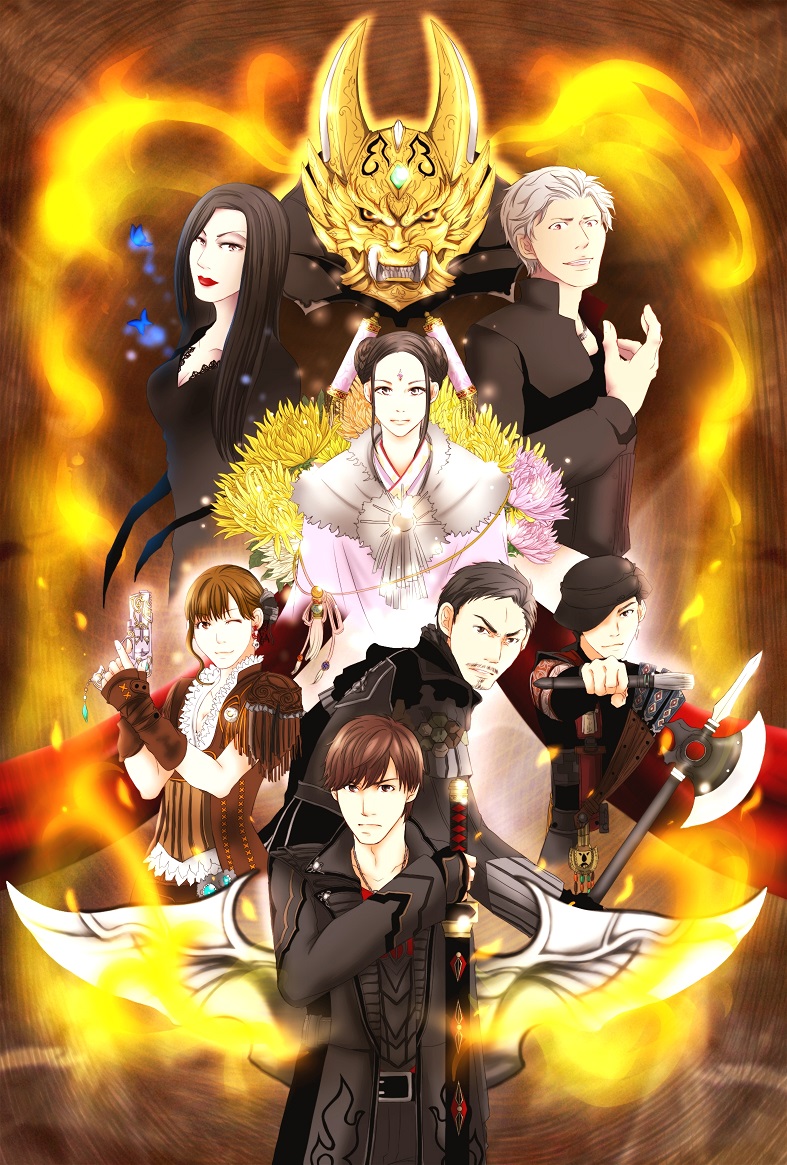 2girls 4boys akizuki_daigo amily_(garo) animal_ears armor axe belt black_dress black_hair black_jacket blue_butterfly brown_hair bug butterfly calligraphy_brush chrysanthemum dougai_ryuuga dress everyone evil_smile fingerless_gloves fire flower gald_homura garo garo_(series) garo_gold_storm_flight_(series) garo_sho gloves gun hat holding holding_axe holding_calligraphy_brush holding_gun holding_paintbrush holding_sword holding_weapon impossible_clothes insect jacket japanese_clothes jewelry jinga_(garo) long_hair long_sleeves looking_at_viewer multiple_boys multiple_girls necklace red_lips rian_(garo) ryume_(garo) satoi_(baudy) smile sword tokusatsu weapon white_headwear