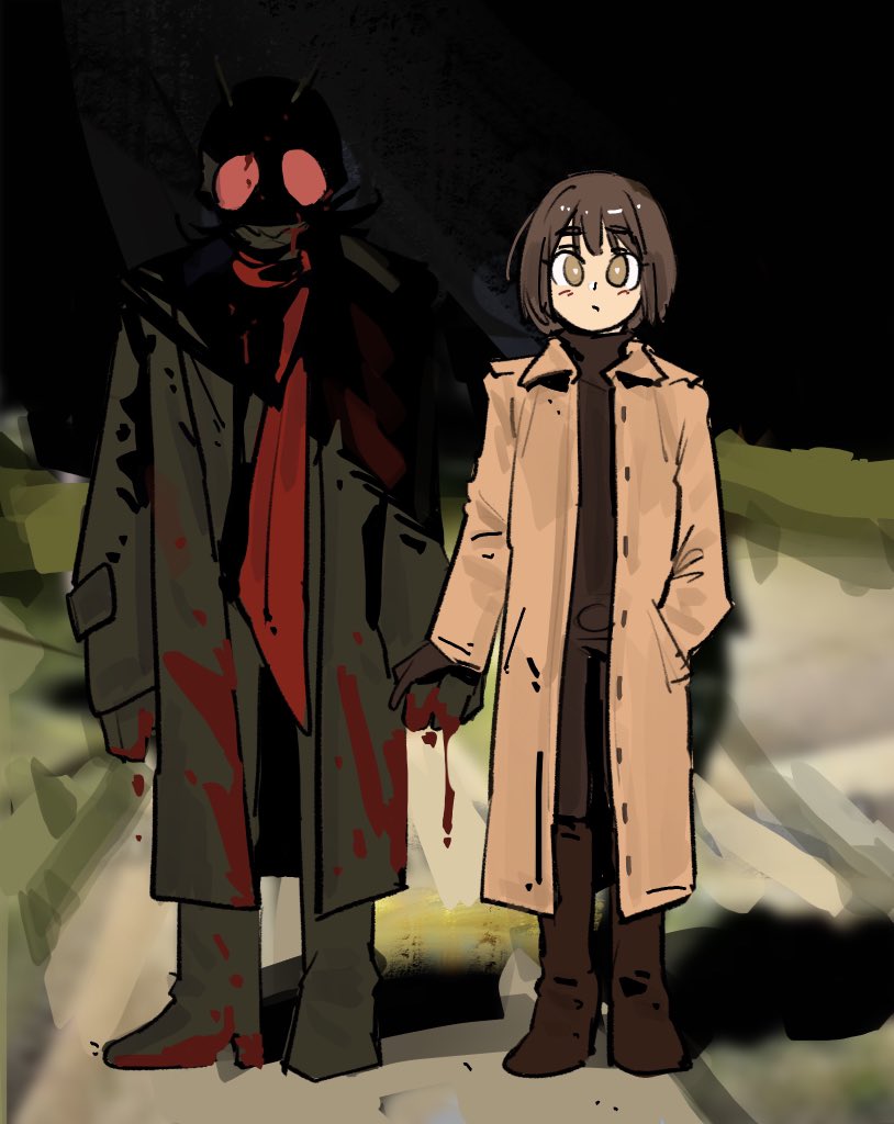 1boy 1girl blood blood_on_clothes boots coat compound_eyes gloves glowing glowing_eyes helmet kamen_rider kamen_rider_1 kamen_rider_1_(shin) long_coat long_sleeves lusin01 midorikawa_ruriko_(shin_kamen_rider) red_scarf scarf shin_japan_heroes_universe shin_kamen_rider short_hair tokusatsu trench_coat