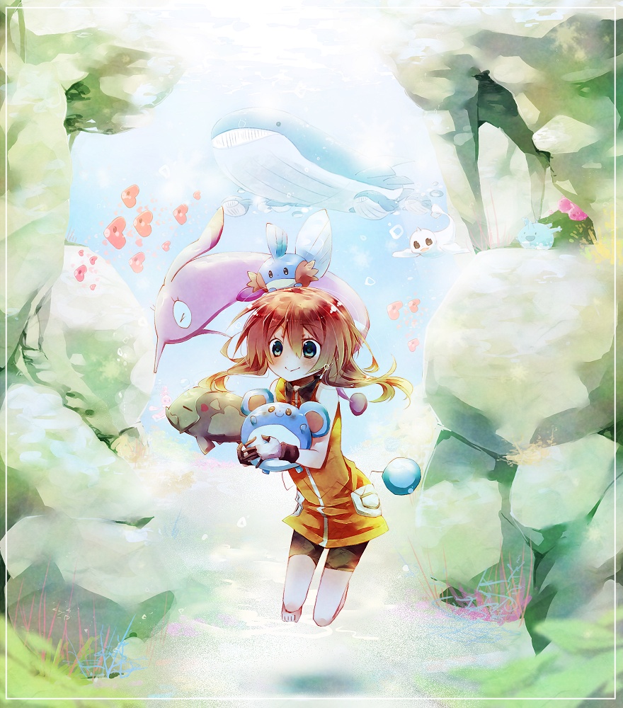 1girl alternate_color amamiya_kabosu bare_shoulders barefoot bike_shorts blue_eyes brown_hair corsola dewgong freediving gen_1_pokemon gen_2_pokemon gen_3_pokemon gloves gorebyss luvdisc marill may_(pokemon) mudkip nintendo pokemon pokemon_(creature) relicanth shiny_pokemon swimming underwater wailord water