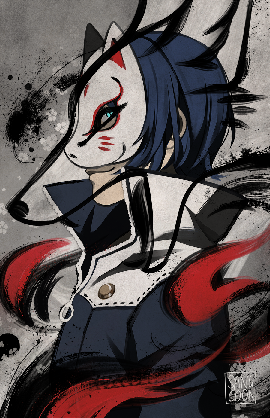 10s 1boy animal_ears aqua_eyes artist_name blue_hair collared_jacket fake_animal_ears fox_ears from_side highres jacket kitagawa_yuusuke male_focus mask persona persona_5 profile sangcoon signature smile solo upper_body