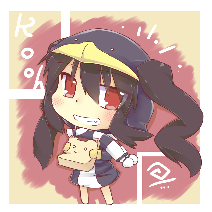1girl :3 animal_hat black_dress black_hair blush dress female_focus full_body grin hat hazuki_ruu kooh long_hair multicolored_dress pangya papel red_eyes scarf smile solo stuffed_animal stuffed_cat stuffed_toy twintails white_dress