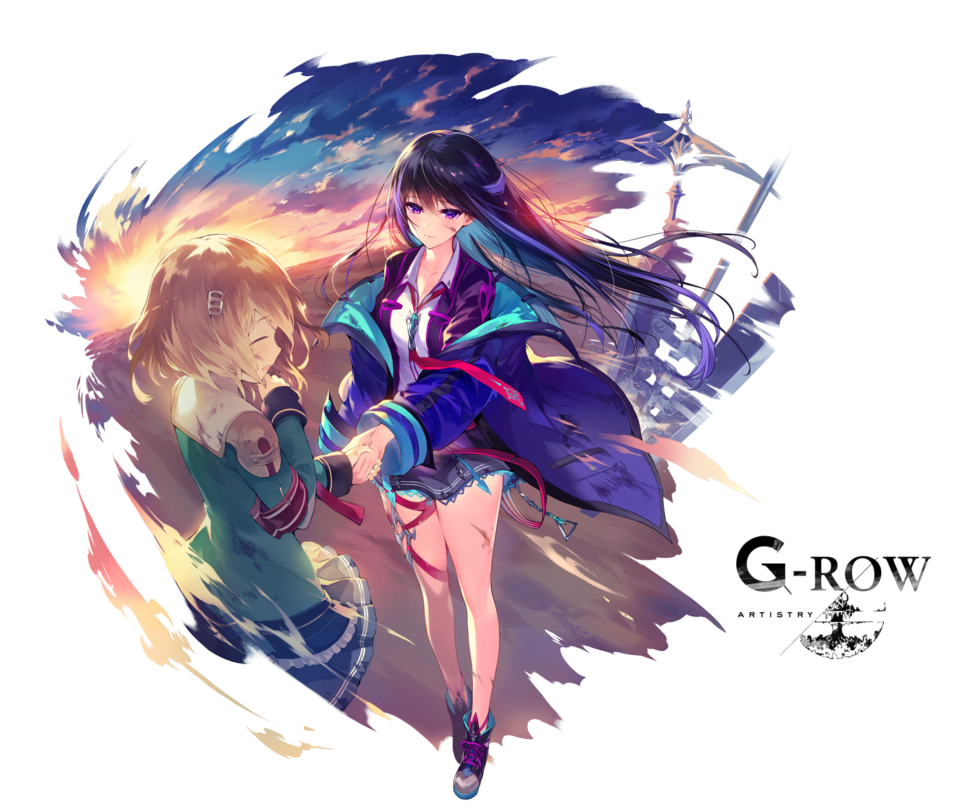 2girls ^_^ blue_hair blue_jacket closed_eyes closed_mouth cloud collared_shirt commentary_request dark_blue_hair eye_contact forcas full_body green_skirt handshake jacket light_brown_hair long_sleeves longinus_(phantom_of_the_kill) looking_at_another multiple_girls official_art open_mouth phantom_of_the_kill pleated_skirt polearm purple_eyes purple_hair second-party_source shibuhiko shirt skirt solo_focus spear weapon white_background white_shirt