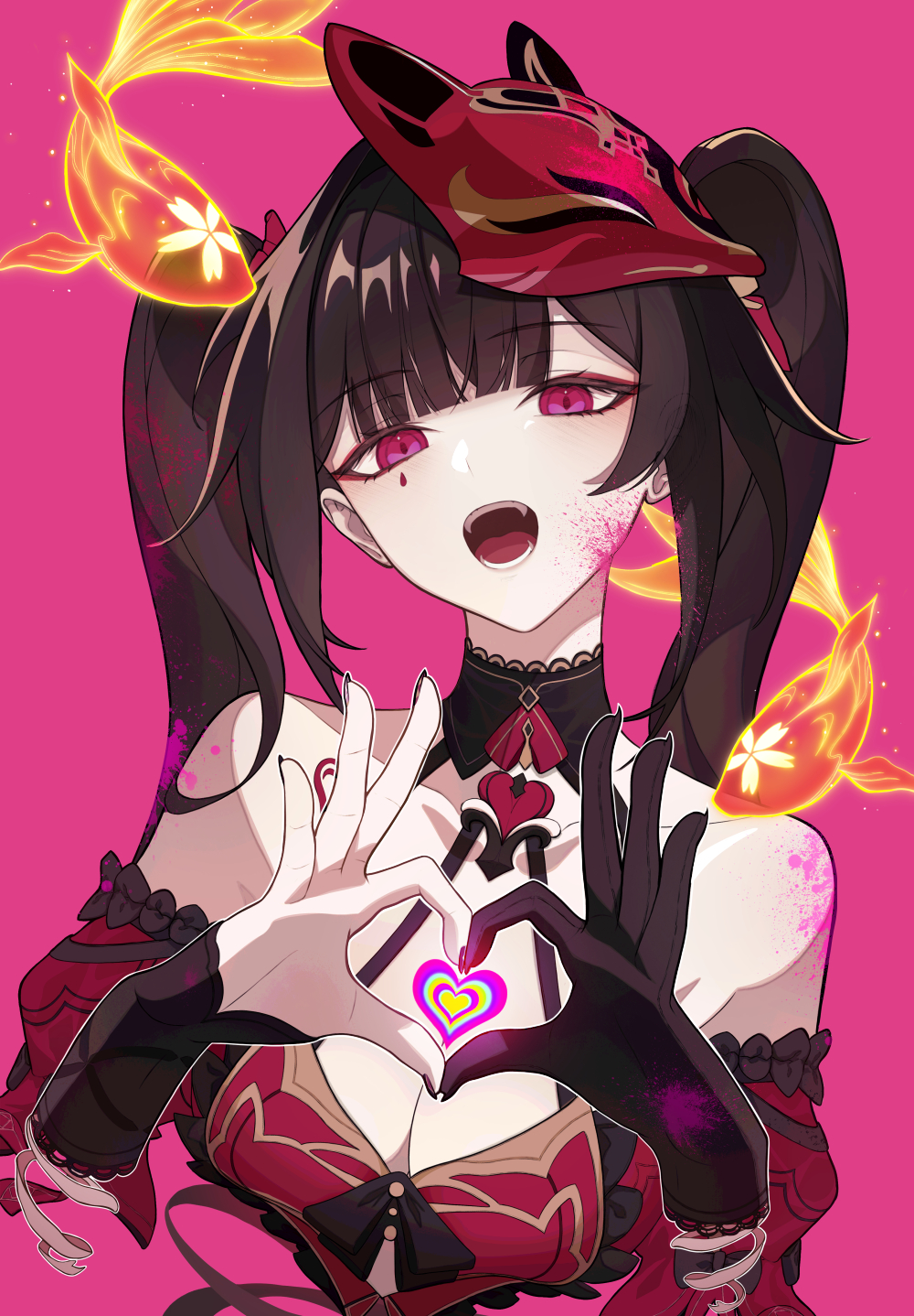 1girl bare_shoulders breasts brown_hair collarbone commentary eun_(eunice) fingernails fox_mask heart heart_hands highres honkai:_star_rail honkai_(series) honkai_impact_3rd koi looking_at_viewer mark_under_eye mask mask_on_head medium_breasts open_mouth pink_background pink_eyes shoulder_tattoo simple_background solo sparkle_(fictitious_game)_(honkai:_star_rail) sparkle_(honkai:_star_rail) tattoo teardrop_facial_mark twintails upper_body