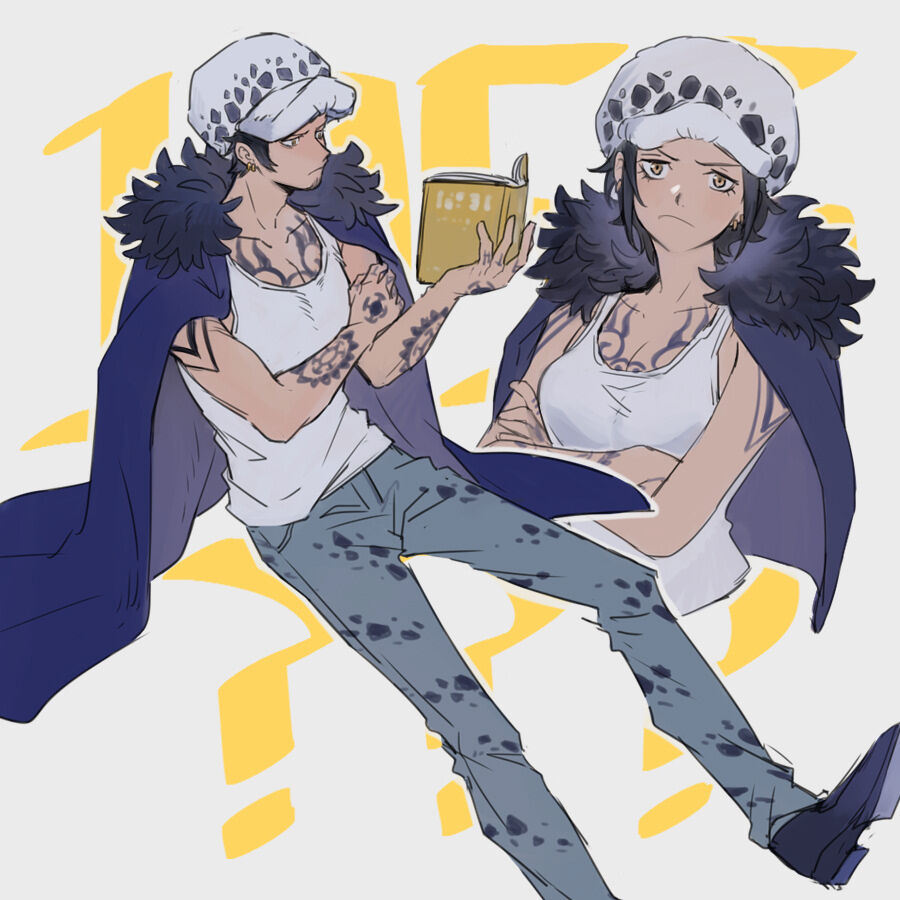 1boy 1girl arm_tattoo black_hair book chest_tattoo coat coat_on_shoulders crossed_arms denim dual_persona earrings fur-trimmed_coat fur_hat fur_trim genderswap genderswap_(mtf) hand_on_own_arm hat holding holding_book jeans jewelry law-chan light_frown multiple_views one_piece pants reading short_hair simple_background spoilers tank_top tattoo trafalgar_law white_tank_top yellow_eyes yurichi_(artist)
