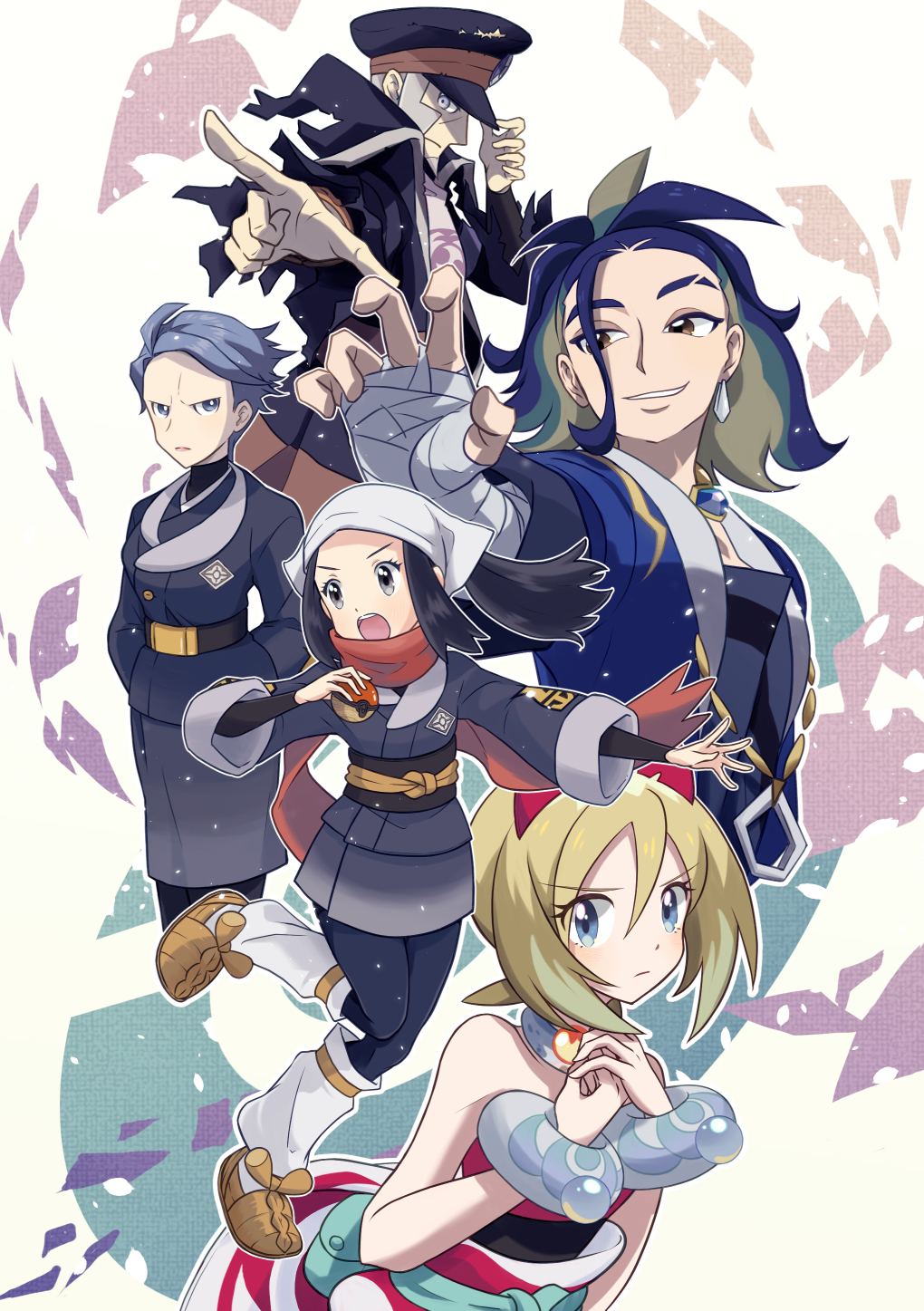 2boys 3girls adaman_(pokemon) akari_(pokemon) black_coat black_hair black_hat blonde_hair blue_coat blue_eyes blue_hair bracelet closed_mouth coat commentary_request cyllene_(pokemon) eyebrow_cut grin hair_between_eyes hairband hand_wraps hands_up hat headscarf highres holding holding_poke_ball ingo_(pokemon) irida_(pokemon) jacket jewelry loose_hair_strand multiple_boys multiple_girls neck_ring nintendo open_mouth pantyhose poke_ball poke_ball_(basic) pokemon pokemon_legends:_arceus sasami_642 shirt sidelocks skirt smile strapless strapless_shirt teeth torn_clothes torn_coat