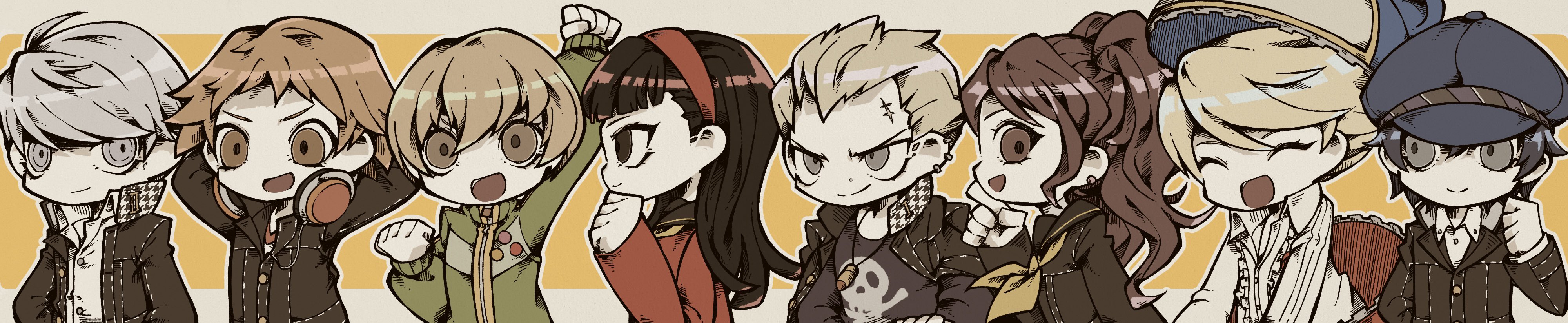 4boys 4girls ^_^ absurdres akekawa1536 amagi_yukiko arm_up arms_behind_head badge black_hair black_jacket black_sailor_collar blonde_hair blue_hair blue_hat blunt_bangs brown_eyes brown_hair button_badge cabbie_hat clenched_hands closed_eyes closed_mouth collared_shirt frilled_shirt frills green_jacket grey_eyes grey_hair hair_between_eyes hair_slicked_back hairband hanamura_yousuke hat headphones headphones_around_neck highres houndstooth jacket jacket_on_shoulders jewelry kujikawa_rise kuma_(persona_4) lapels layered_sleeves long_image long_sleeves multiple_boys multiple_girls narukami_yu neckerchief necklace open_clothes open_collar open_jacket open_mouth persona persona_4 popped_collar print_shirt red_hairband red_shirt sailor_collar satonaka_chie scar scar_on_face scar_on_forehead school_uniform shirogane_naoto shirt short_hair side-by-side sideways_mouth skull_print smile swept_bangs tatsumi_kanji tongue triangle_mouth twintails unzipped v-shaped_eyebrows white_shirt wide_image widow's_peak wing_collar yasogami_school_uniform yellow_neckerchief zipper zipper_pull_tab