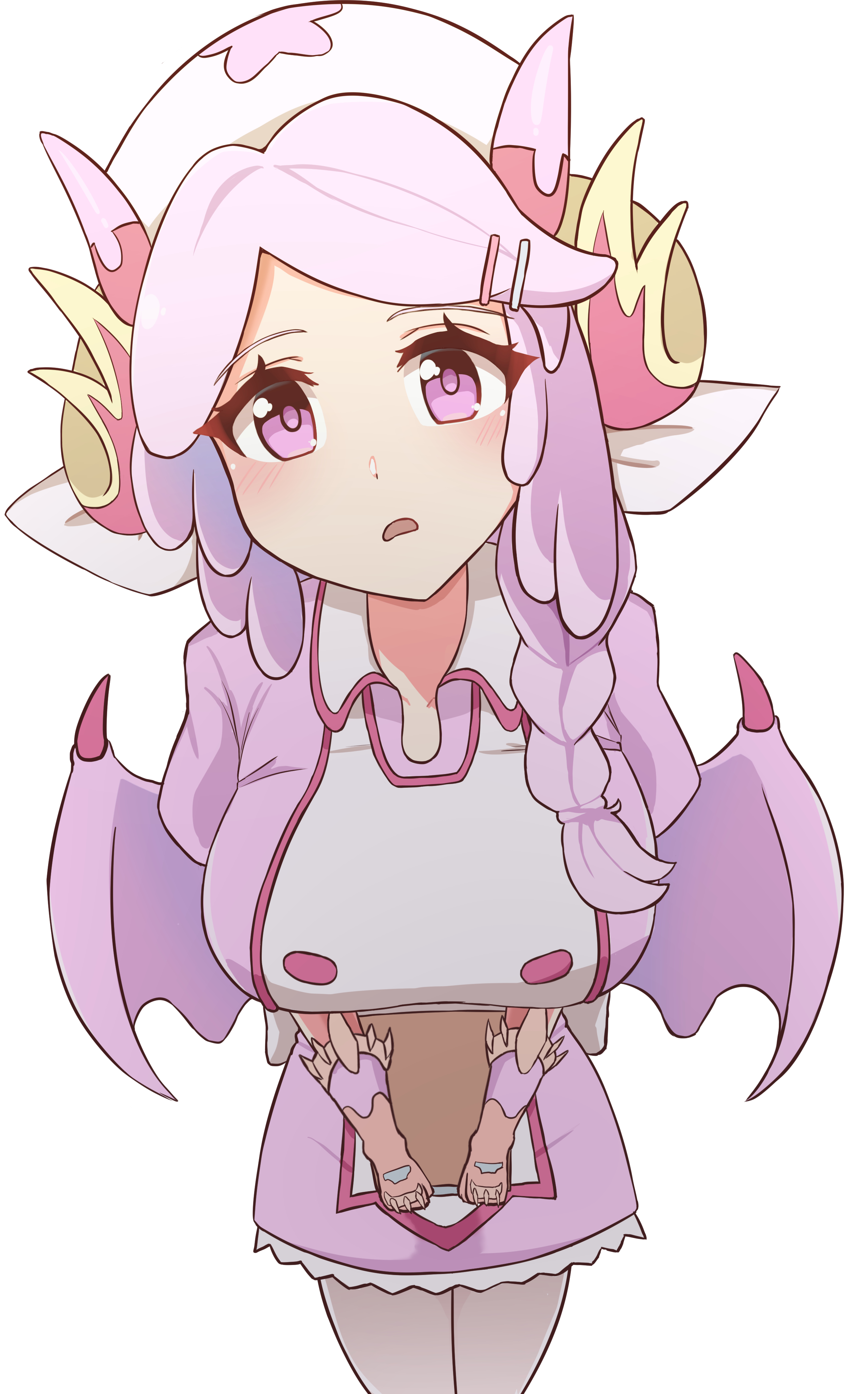 1girl absurdres blush braid breasts dragon_girl dragon_wings duel_monster hat highres horns large_breasts looking_at_viewer nurse nurse_cap nurse_dragonmaid panatisia pink_hair side_braid wings yu-gi-oh!