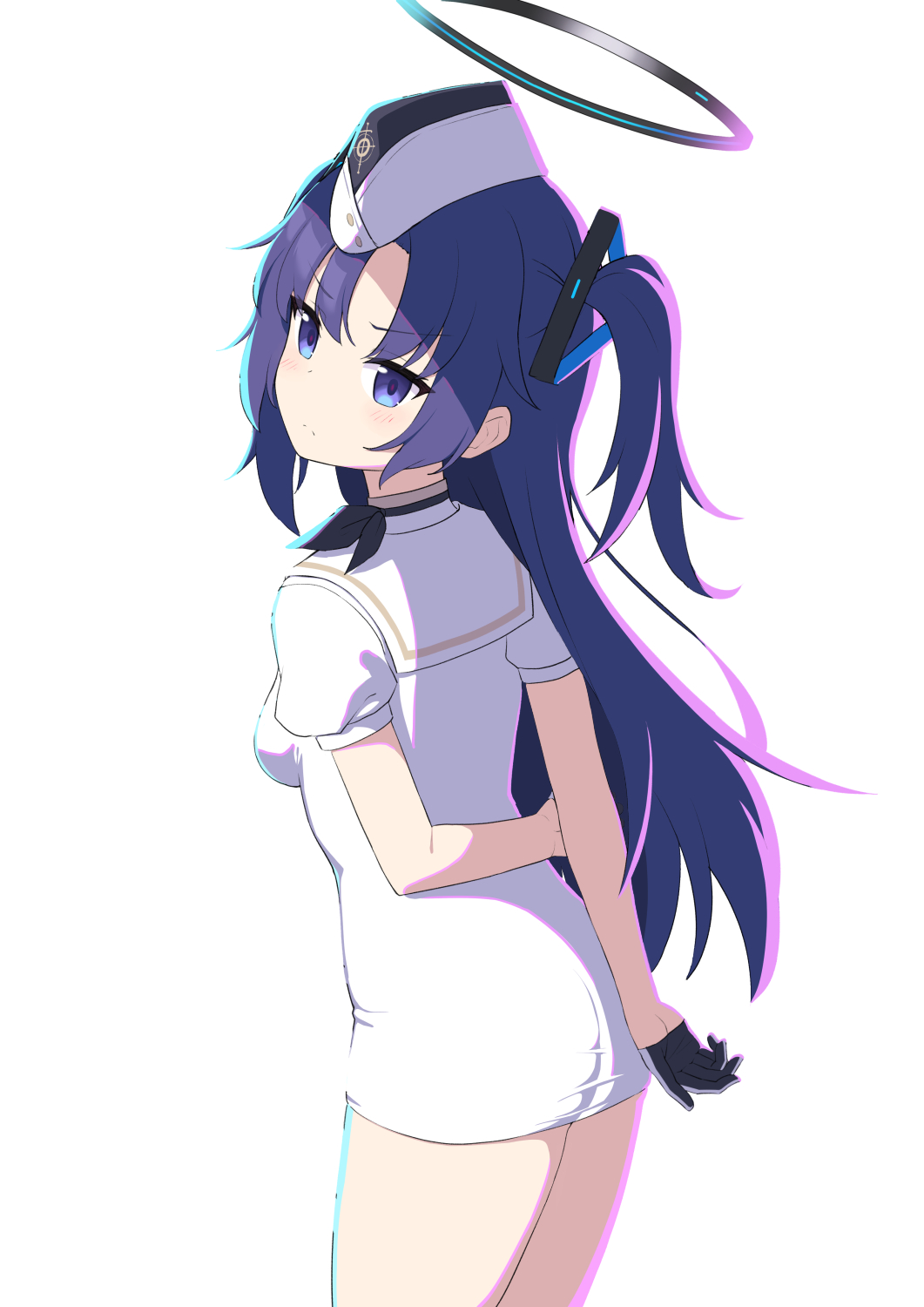 1girl arm_behind_back ass black_gloves black_hat blue_archive blue_eyes blue_hair blush breasts commentary_request dress garrison_cap gloves half_gloves halo hat heijialan highres long_hair looking_at_viewer looking_to_the_side medium_breasts sailor_collar sailor_dress simple_background solo two_side_up utnapishtim_operator_uniform_(blue_archive) very_long_hair white_background white_dress white_sailor_collar yuuka_(blue_archive)