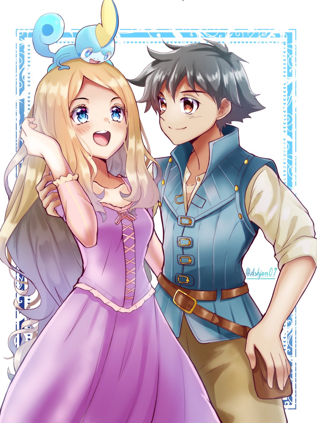 1boy 1girl ash_ketchum ashujou bag black_hair blonde_hair blue_eyes blush cosplay couple disney dress gen_8_pokemon highres long_hair nintendo open_mouth pokemon pokemon_(anime) pokemon_(creature) pokemon_xy_(anime) purple_dress rapunzel_(disney)_(cosplay) serena_(pokemon) shirt short_hair smile sobble tangled