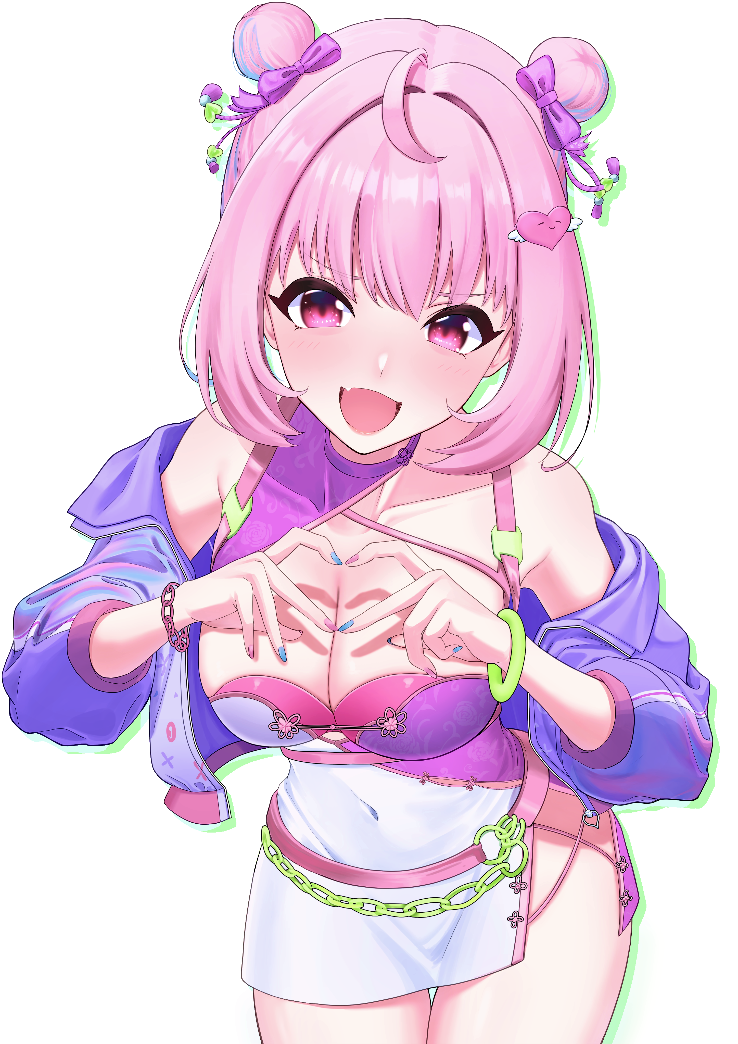 1girl absurdres ahoge alternate_hairstyle armpit_peek bangle bare_shoulders belt blue_hair blue_jacket blue_nails border bow bracelet breasts chain china_dress chinese_clothes cleavage collarbone colored_inner_hair covered_navel double_bun dress earrings fang green_border hair_bow hair_bun hair_intakes hair_ornament heart heart_hair_ornament heart_hands highres holographic_clothing idolmaster idolmaster_cinderella_girls idolmaster_cinderella_girls_starlight_stage jacket jacket_partially_removed jewelry large_breasts leaning_forward legs light_blue_hair light_blush lips looking_at_viewer mintz912 multicolored_hair multicolored_nails nail_polish official_alternate_costume official_alternate_hairstyle open_mouth pink_belt pink_eyes pink_hair pink_nails purple_bow shadow simple_background smile solo standing thighs tight_clothes tight_dress two-tone_hair white_background wing_hair_ornament wrist_chain yumemi_riamu