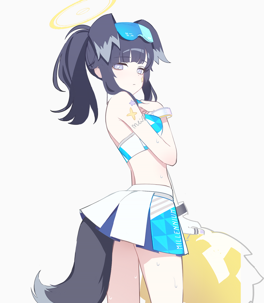 1girl animal_ears bare_shoulders black_hair blue_archive breasts cheerleader closed_mouth commentary_request crop_top dog_ears dog_girl dog_tail eyewear_on_head from_side halo hibiki_(blue_archive) hibiki_(cheer_squad)_(blue_archive) holding holding_pom_poms looking_at_viewer midriff millennium_cheerleader_outfit_(blue_archive) mimitoke miniskirt official_alternate_costume pleated_skirt pom_pom_(cheerleading) pom_poms ponytail simple_background skirt small_breasts solo standing star_sticker sticker_on_arm sticker_on_face tail text_print white_background white_skirt yellow_halo