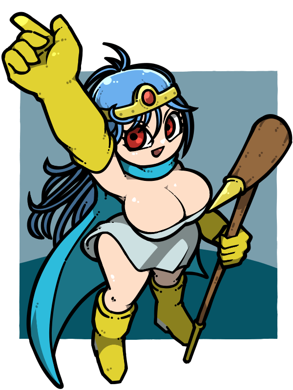 1girl :d arm_up blue_cape blue_hair boots breasts cape circlet cleavage dragon_quest dragon_quest_iii dress elbow_gloves eyelashes full_body gloves hair_between_eyes holding holding_staff large_breasts legs_apart long_hair name_omoitukan2 open_mouth red_eyes sage_(dq3) shiny_skin short_dress smile solo staff standing strapless strapless_dress thick_lineart white_dress yellow_boots yellow_gloves