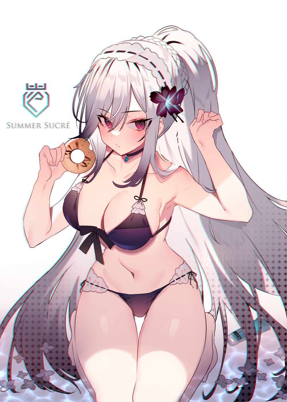 1girl azur_lane bikini black_choker blue_gemstone blush braid breasts butterfly_hair_ornament choker cleavage closed_mouth collarbone crown_braid donut dunkerque_(azur_lane) dunkerque_(summer_sucre)_(azur_lane) food front-tie_bikini_top front-tie_top gem grey_hair hair_ornament hairband hands_up headdress highres holding holding_food long_hair looking_at_viewer navel official_alternate_costume ponytail purple_bikini sidelocks sitting solo soukou_makura stomach sweets swept_bangs swimsuit white_hairband