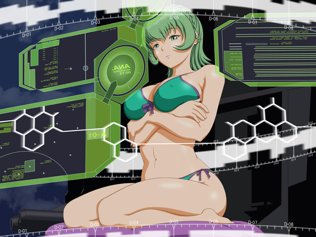 10s 1girl aoki_hagane_no_arpeggio bikini braid female_focus green_eyes green_hair nachi_(aoki_hagane_no_arpeggio) seiza shiba_cyon short_hair sitting solo swimsuit