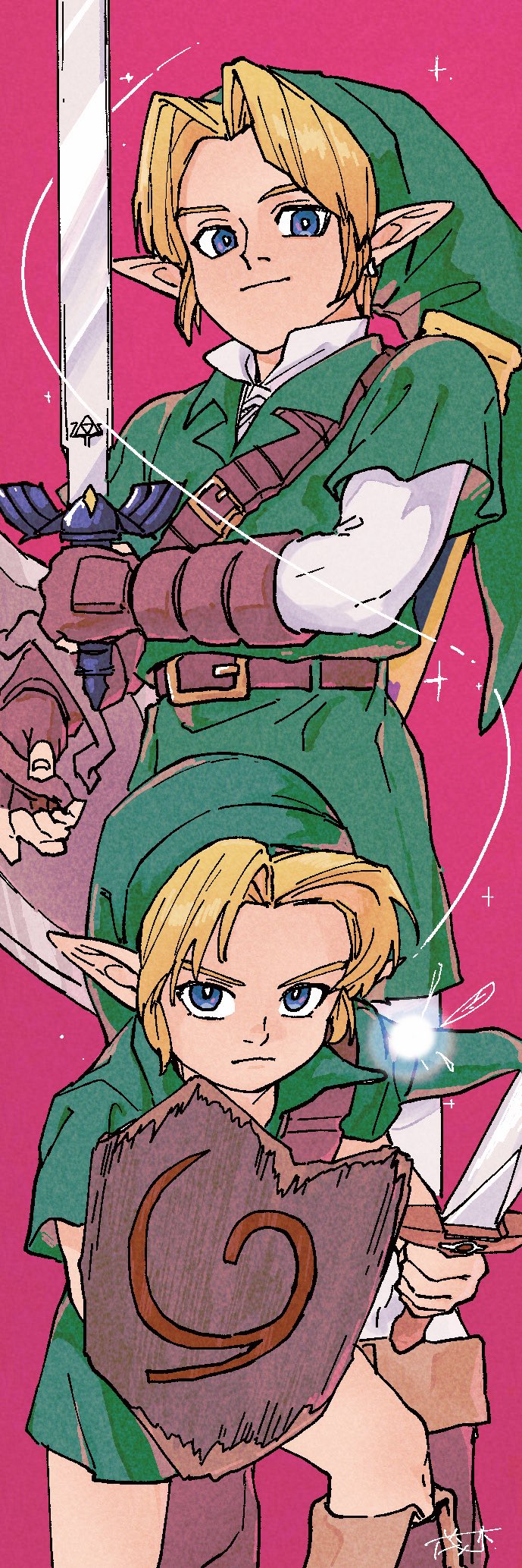1girl belt blonde_hair blue_eyes boots deku_shield dual_persona earrings fairy gauntlets hat holding holding_shield holding_sword holding_weapon jewelry kokiri_sword link master_sword navi nintendo pink_background pointy_ears shield shrub_mtg solo sword the_legend_of_zelda the_legend_of_zelda:_ocarina_of_time tunic weapon young_link