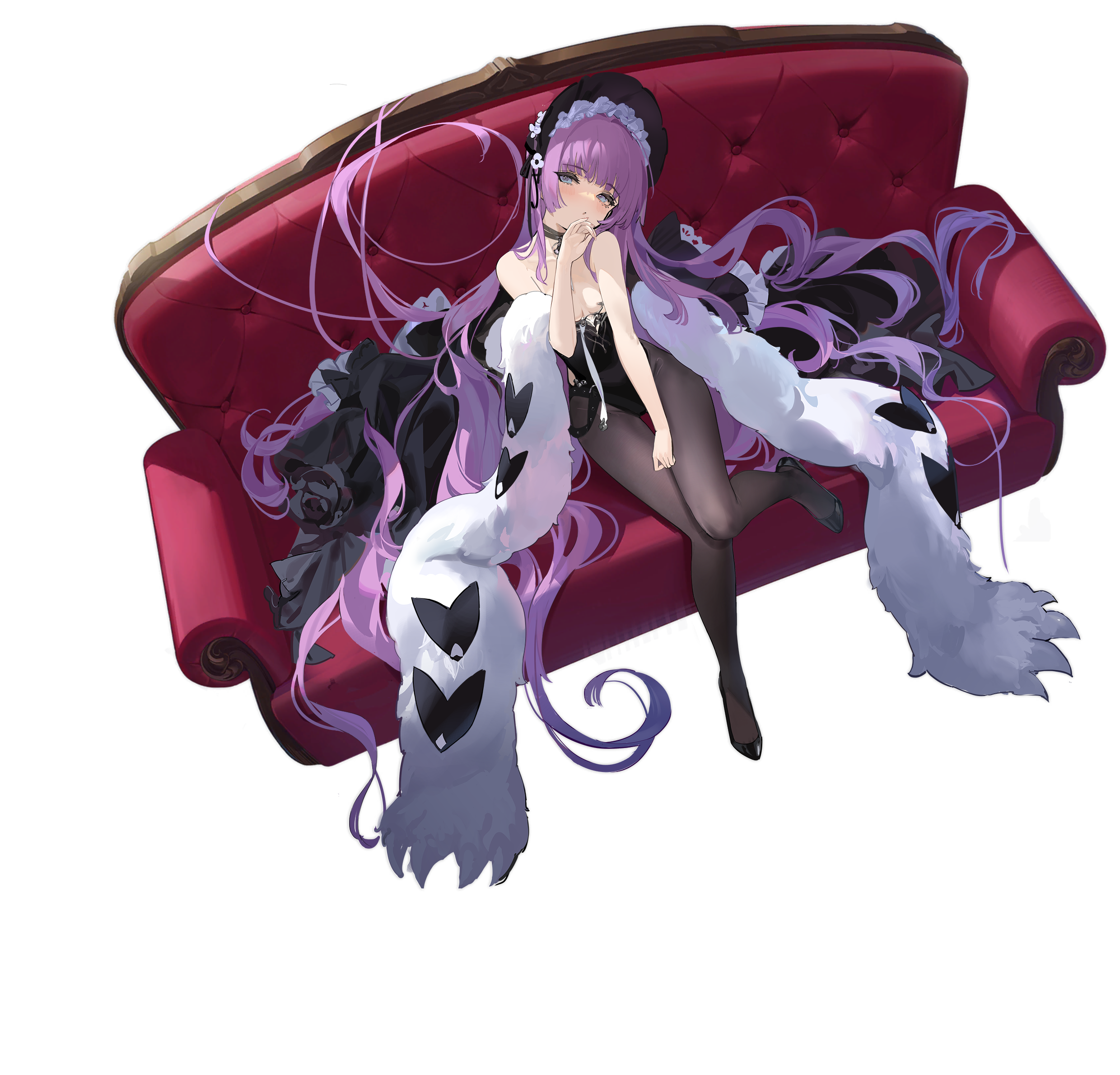 1girl absurdly_long_hair artist_request azur_lane bare_shoulders black_choker black_flower black_leotard black_pantyhose black_shoes blue_eyes blunt_bangs blush bonnet bow breasts check_artist choker cleavage coat collarbone couch feather_boa flower frills from_above full_body fur_coat fur_trim hair_flowing_over hair_spread_out hand_up hat head_tilt highleg highleg_leotard highres kincora legs leotard long_hair looking_at_viewer non-web_source official_art on_couch pantyhose parted_lips playboy_bunny purple_hair ribbon rose shoes sidelocks simple_background sitting small_breasts solo strapless strapless_leotard tashkent_(azur_lane) tashkent_(the_sprite's_snapshot)_(azur_lane) transparent_background very_long_hair