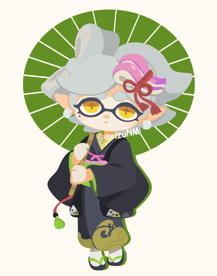 1girl artist_name black_haori black_sandals bow-shaped_hair chibi chibi_only closed_mouth cross-shaped_pupils earrings expressionless food-themed_hair_ornament full_body grey_hair grey_kimono hair_ornament haori holding holding_umbrella inkling japanese_clothes jewelry kimono long_sleeves marie_(kimono)_(splatoon) marie_(splatoon) medium_hair mole mole_under_eye nintendo obi oil-paper_umbrella okobo platform_sandals pointy_ears rizu_(rizunm) sandals sash simple_background solo splatoon_(series) splatoon_2 swept_bangs symbol-shaped_pupils tabi tentacle_hair thick_eyebrows umbrella watermark white_background wide_sleeves yellow_eyes