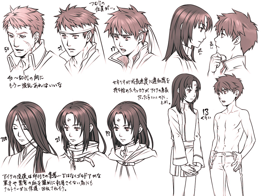 2boys age_progression aged_down aged_up androgynous character_age commentary eye_contact facial_mark fire_emblem fire_emblem:_path_of_radiance fire_emblem:_radiant_dawn forehead_mark headband ike_(fire_emblem) kobashi_(hodohodo) long_hair looking_at_another male_focus multiple_boys multiple_views nintendo nipples scar scar_on_face short_hair soren_(fire_emblem) toned toned_male topless_male translation_request white_background yaoi