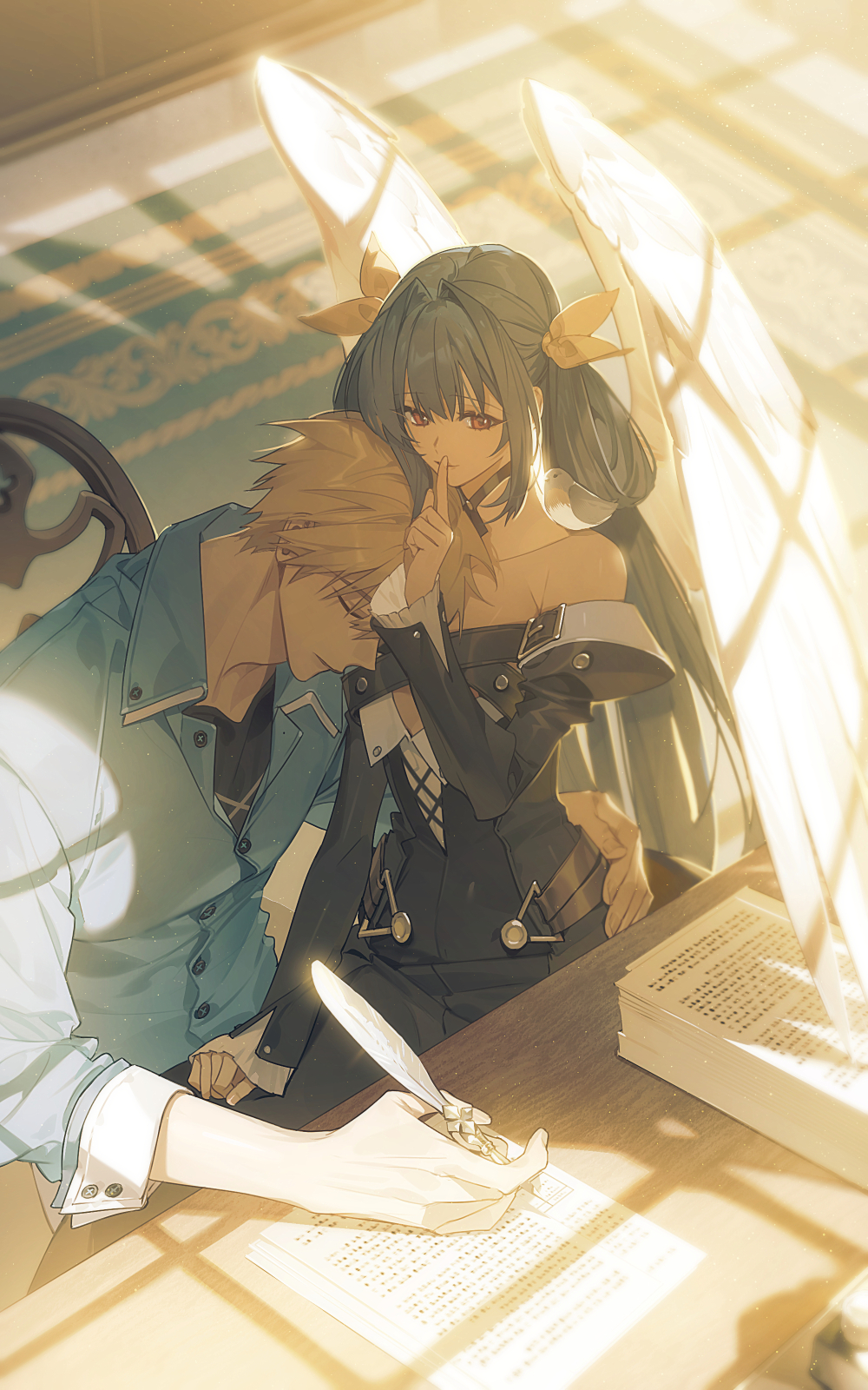 1boy 1girl angel_wings bare_shoulders belt bird black_choker black_dress blonde_hair blue_hair blue_shirt choker closed_eyes collarbone dappled_sunlight desk detached_sleeves dizzy_(guilty_gear) dress finger_to_mouth floor guilty_gear guilty_gear_xrd hair_ribbon hair_rings highres honey_dogs husband_and_wife indoors ky_kiske long_hair paper quill red_eyes resting ribbon shaded_face shirt short_hair shushing sidelocks sitting sitting_on_lap sitting_on_person sleeping sleeping_on_person sunlight twintails wings yellow_ribbon