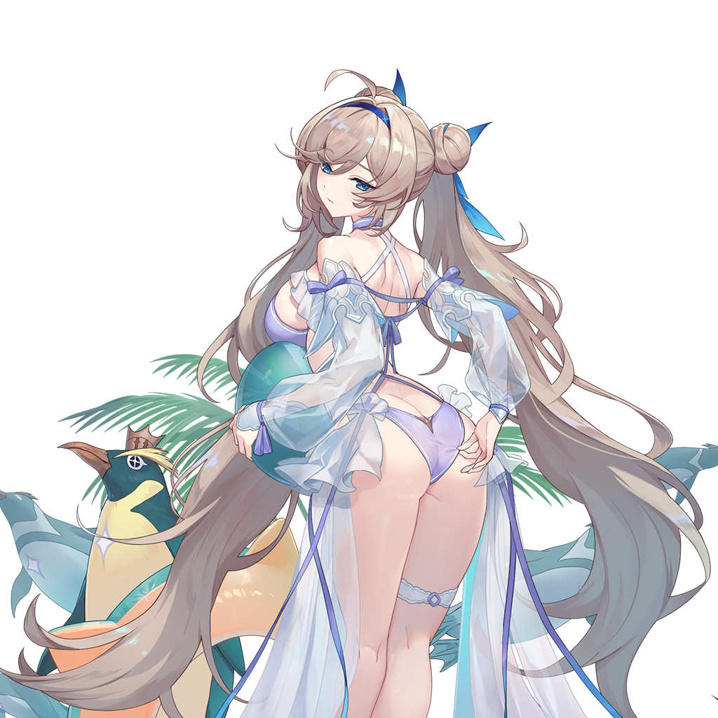 1girl ahoge bikini bird blue_eyes blue_hairband detached_sleeves from_behind hairband innertube long_hair looking_back official_art penguin purple_bikini ragnador see-through_clothes see-through_sleeves simple_background swim_ring swimsuit thigh_strap third-party_source transparent_background very_long_hair yukionna_(ragnador)
