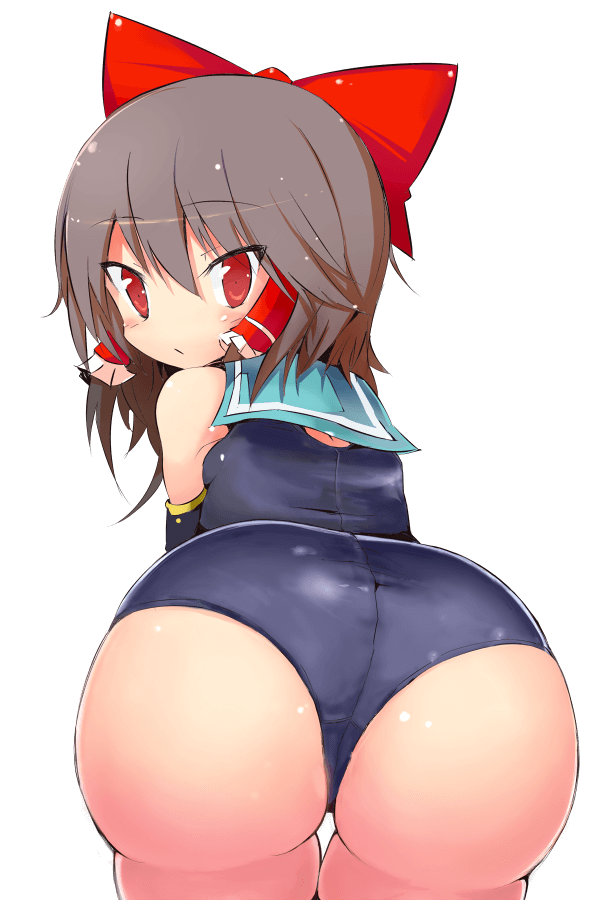 1girl ass ass_focus ayuki_(47881314) black_hair blue_one-piece_swimsuit blue_sailor_collar blush bow closed_mouth commentary_request cookie_(touhou) cowboy_shot expressionless frilled_hair_tubes frills from_behind hair_bow hair_tubes hakurei_reimu kagamine_len_no_bousou_(vocaloid) looking_at_viewer looking_back one-piece_swimsuit red_bow red_eyes reu_(cookie) sailor_collar sailor_one-piece_swimsuit sidelocks simple_background solo swimsuit touhou transparent_background