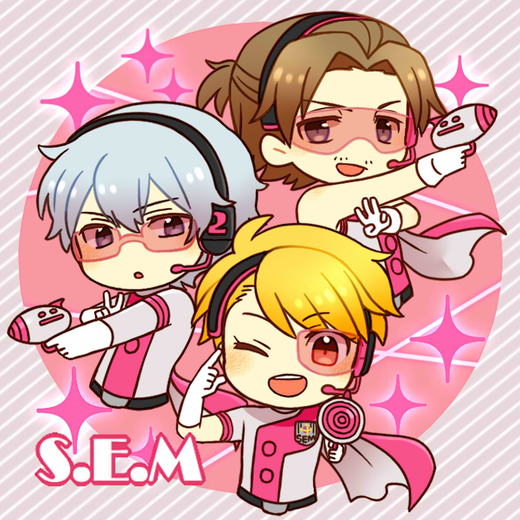 3boys :d :o belt blonde_hair brown_hair chibi chibi_only commentary_request cropped_torso diagonal-striped_background elbow_gloves energy_gun facial_hair gloves grey_hair group_name gun half_updo hazama_michio holding holding_gun holding_weapon idolmaster idolmaster_side-m kinococcos long_hair maita_rui male_focus multiple_boys mustache_stubble one_eye_closed open_mouth s.e.m_(idolmaster) short_hair side_cape smile sparkle striped_background stubble v w weapon white_gloves yamashita_jiro
