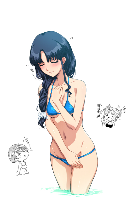 0_0 3girls bikini blue_hair blush bow breasts closed_eyes covering_privates covering_crotch embarrassed flying_sweatdrops fujiwara_aya groin hair_bow hairu hand_on_own_chest hayasaka_akira long_hair multiple_girls navel o_o open_mouth ponytail short_hair simple_background super_real_mahjong swimsuit toono_mizuki underboob wading water white_background