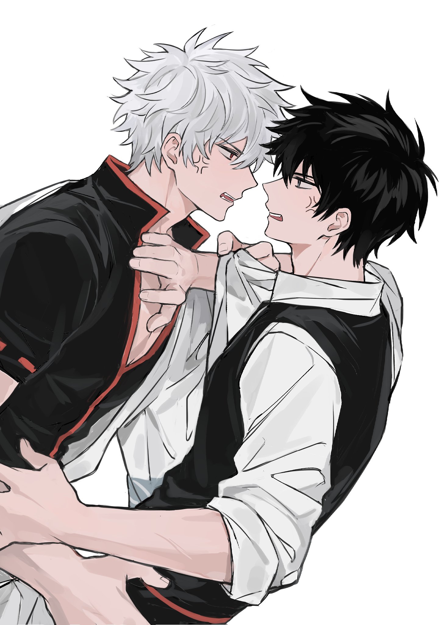 2boys anger_vein asymmetrical_clothes black_hair black_shirt black_vest clothes_grab collared_shirt commentary dutch_angle eye_contact gintama hashtag-only_commentary highres hijikata_toushirou jin_(zhaomu_u) looking_at_another male_focus multiple_boys open_mouth popped_collar profile sakata_gintoki shirt shirt_grab short_hair simple_background sleeves_rolled_up teeth upper_teeth_only vest white_background white_hair white_shirt