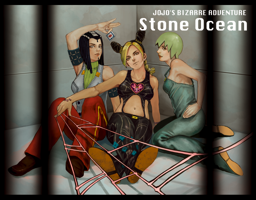 3girls armband bad_id bad_pixiv_id bare_shoulders black_hair blonde_hair braid braided_bun braided_ponytail butterfly_(symbol) copyright_name double_bun dreadlocks ermes_costello facial_mark foo_fighters_(jojo) green_hair grey_eyes hair_bun hand_on_own_hip hip_focus jojo_no_kimyou_na_bouken kiss_(stand) kneeling kuujou_jolyne lipstick makeup midriff multicolored_hair multiple_girls navel overalls pants ponytail prison prisoner red_pants sakin scar short_hair silk sitting sleeveless smile spider_web stand_(jojo) sticker stone_free stone_ocean suspenders turtleneck two-tone_hair vest