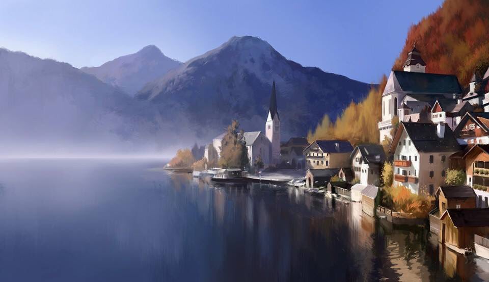apartment blue_sky building church day house lake mountainous_horizon no_humans original painting_(medium) port scenery shore sky slow_d town traditional_media tree water
