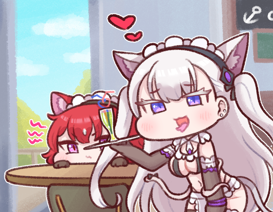 2girls :3 :p animal_ears apron blue_sky blush breasts bulga cat_ears cheona_(last_origin) chibi cleavage day drink ear_piercing elbow_gloves forked_tongue gloves heart indoors janghwa_(last_origin) last_origin looking_at_viewer maid_apron maid_headdress midriff multiple_girls piercing purple_eyes red_hair silver_hair sky snake tongue tongue_out twintails two_side_up white_snake window
