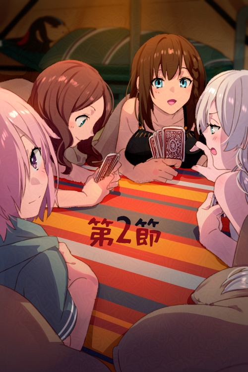 5girls anastasia_(fate) anastasia_(swimsuit_archer)_(fate) anastasia_(swimsuit_archer)_(second_ascension)_(fate) bare_shoulders bikini blush braid breasts card charlotte_corday_(fate) charlotte_corday_(swimsuit_caster)_(first_ascension)_(fate) echo_(circa) fate/grand_order fate_(series) forehead hair_over_one_eye large_breasts leonardo_da_vinci_(fate) leonardo_da_vinci_(fate/grand_order) leonardo_da_vinci_(rider)_(fate) long_hair looking_at_viewer mash_kyrielight mash_kyrielight_(swimsuit_of_perpetual_summer_ver.02) multiple_girls parted_bangs playing_card sei_shounagon_(fate) sei_shounagon_(swimsuit_berserker)_(fate) sei_shounagon_(swimsuit_berserker)_(first_ascension)_(fate) short_hair side_braid smile swimsuit translation_request