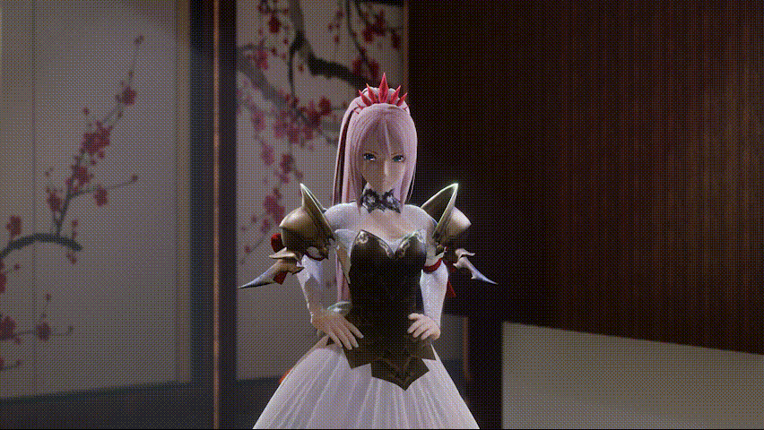 1boy 1girl 20s 3d amateurthrowaway animated animated_gif armor assertive_male bandai bandai_namco black_choker black_garter blue_eyes breastplate breasts choker cleavage detached_sleeves dress electrocution eye_contact falling glowing glowing_eyes hair_between_eyes halo hand_up hands_on_own_hips hypnosis indoors injury lace light_smile long_hair looking_at_another magic medium_breasts mind_control namco open_mouth pauldrons pink_eyes pink_hair ponytail pov reaching rejection shionne_(tales) shoulder_armor sidelocks sleeveless sleeveless_dress snapping_fingers solo_focus source_filmmaker_(medium) standing standing_at_attention submission tales_of_(series) tales_of_arise tiara hypnosis very_long_hair white_dress