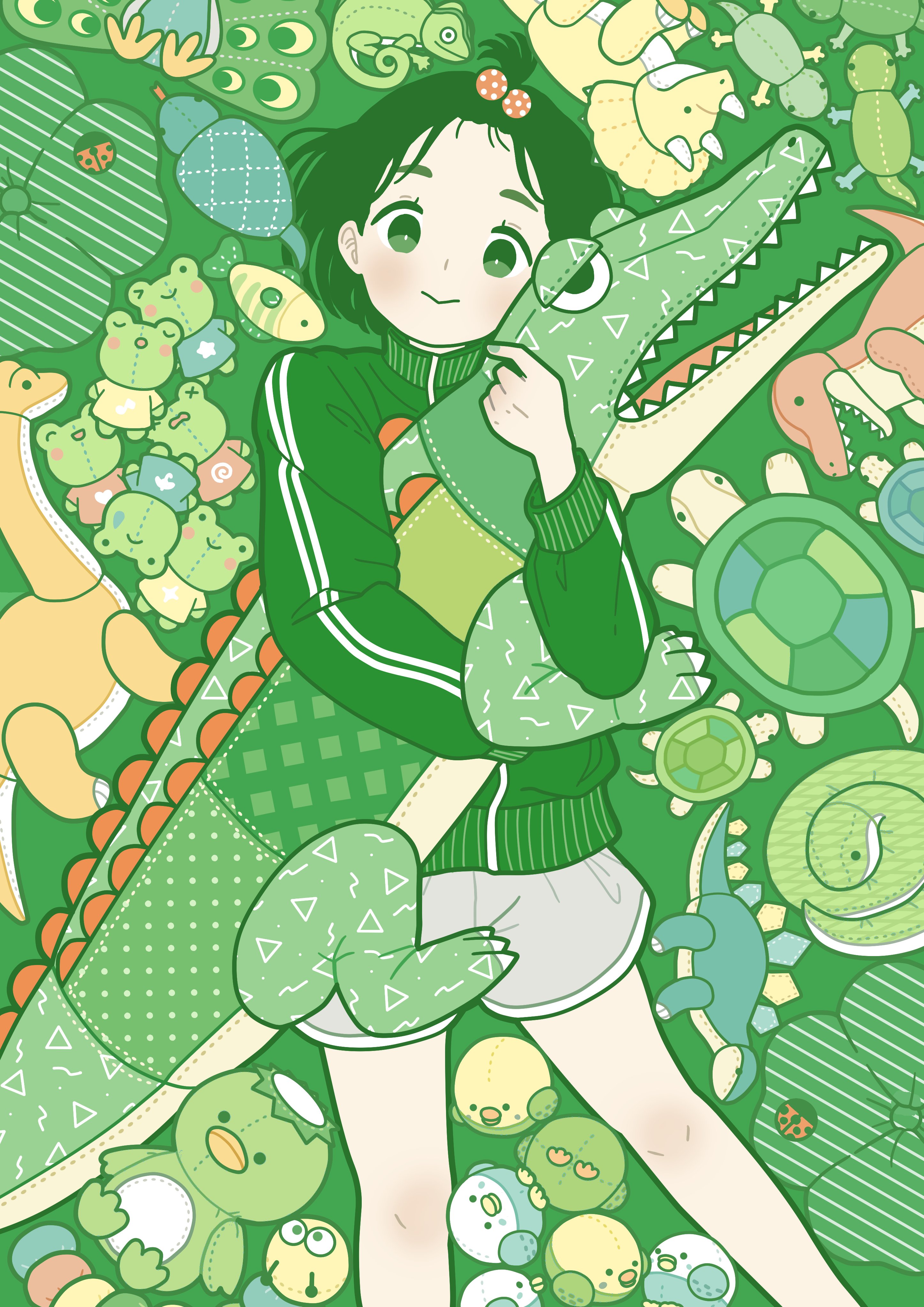 1girl absurdres bangs_pinned_back colored_lineart green_eyes green_hair green_jacket green_theme highres jacket long_sleeves original short_hair shorts smile solo stuffed_animal stuffed_bird stuffed_crocodile stuffed_dinosaur stuffed_fish stuffed_frog stuffed_gecko stuffed_kappa stuffed_peacock stuffed_snake stuffed_toy stuffed_turtle track_jacket white_shorts yoshimon