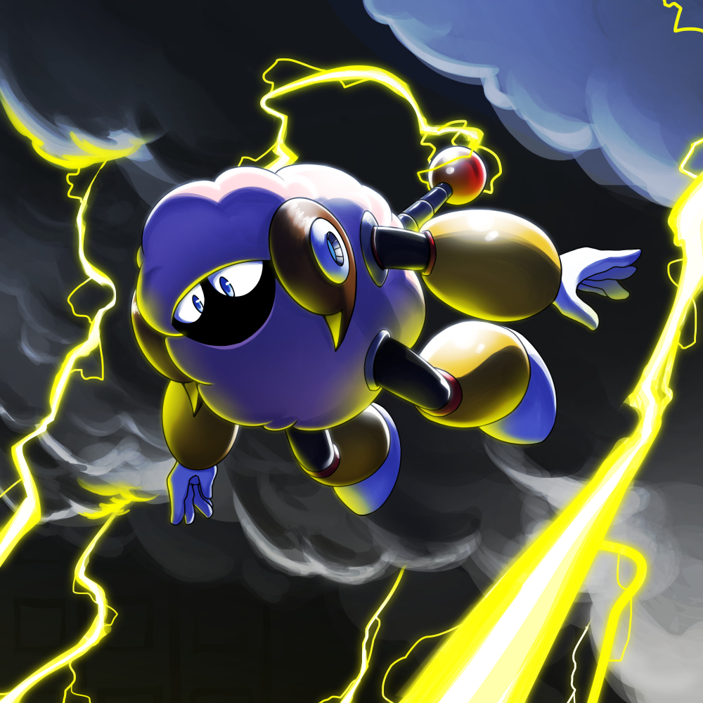 1boy blue_eyes cloud dark_clouds full_body horns imbisibol lightning male_focus mega_man_(classic) mega_man_(series) mega_man_10 no_humans no_mouth non-humanoid_robot robot robot_animal sheep_man solo tail