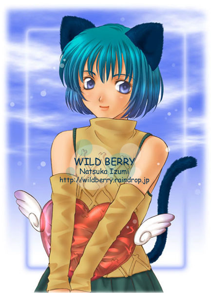 1girl animal_ears artist_name black_skirt blue_background blue_eyes blue_hair bob_cut brown_sweater cat_ears cat_tail cloud cloudy_sky commentary_request day detached_sleeves happy heart heart-shaped_pillow holding holding_pillow izumi_natsuka looking_to_the_side original outdoors pillow short_hair skirt sky smile solo sweater tail turtleneck upper_body white_wings wings