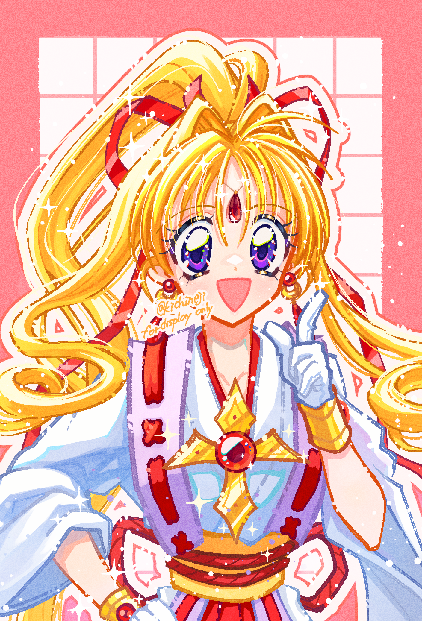 1girl artist_name blonde_hair collarbone cross earrings eyelashes forehead_jewel gem hair_ribbon high_ponytail highres index_finger_raised japanese_clothes jewelry kaitou_jeanne kamikaze_kaitou_jeanne kichineji kimono kusakabe_maron long_hair looking_at_viewer magical_girl obi open_mouth ponytail purple_eyes red_gemstone red_ribbon ribbon rope sash shimenawa solo upper_body white_kimono yellow_sash