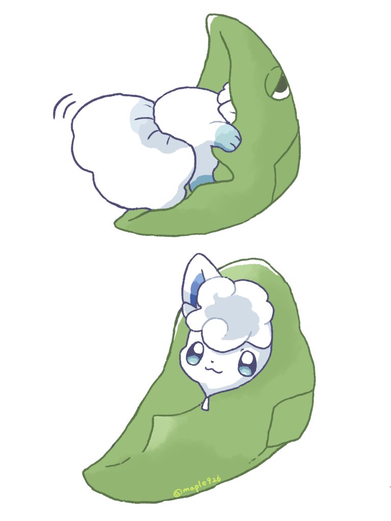 alolan_form alolan_vulpix animal_focus blue_eyes bright_pupils gen_1_pokemon gen_7_pokemon kana_(maple926) metapod nintendo no_humans pokemon pokemon_(creature) simple_background smile twitter_username white_background white_hair white_pupils
